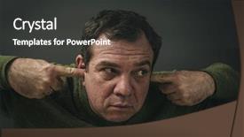  Presentation with we want you - Audience pleasing theme consisting of decibels - headshot displeased man plugging ears backdrop and a dark gray colored foreground