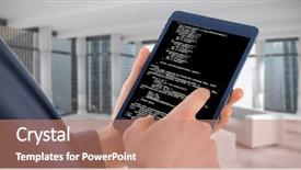  Presentation with tablets wood table tablet white - PPT theme featuring decipher - businessman using digital tablet background and a coral colored foreground