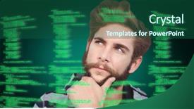  Presentation with green chemistry close up - Colorful presentation design enhanced with decipher - close-up of thoughtful hipster backdrop and a ocean colored foreground