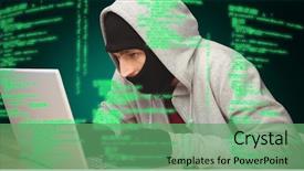  Presentation with hacker - Beautiful theme featuring decipher - hacker using laptop against green backdrop and a seafoam green colored foreground