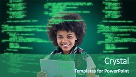  Presentation with tablet - Audience pleasing slide deck consisting of decipher - happy woman using tablet backdrop and a ocean colored foreground