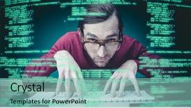  Presentation with eye - Beautiful PPT layouts featuring decipher - man wearing eye glasses typing backdrop and a seafoam green colored foreground