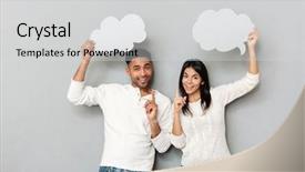 Presentation with fingers - Audience pleasing presentation consisting of decision point - cheerful couple pointing their fingers backdrop and a light gray colored foreground