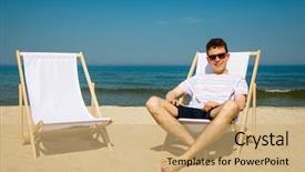  Presentation with relaxing - Audience pleasing slide deck consisting of deck free - young man relaxing on beach backdrop and a coral colored foreground