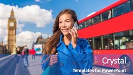  Presentation with london - PPT layouts with decker - london city businesswoman calling background and a ocean colored foreground