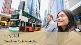  Presentation with road bus - Colorful slide deck enhanced with decker bus youn interracial asia backdrop and a coral colored foreground