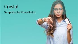  Presentation with credit card - Audience pleasing theme consisting of decline - young arab woman holding credit backdrop and a seafoam green colored foreground