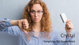  Presentation with young grey maine coon cat - Theme featuring decline - young redhead woman over grey background and a light blue colored foreground