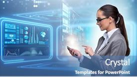  Presentation with banking - Theme enhanced with declining profit - woman in internet banking concept background and a teal colored foreground