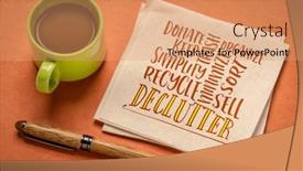  Presentation with cup coffee - Slide deck having declutter-and-simplify-word-cloud background and a coral colored foreground