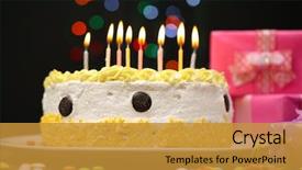  Presentation with happy birthday cake - PPT theme featuring decoartion - happy birthday cake and gifts background and a gold colored foreground