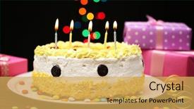  Presentation with happy birthday cake - PPT theme consisting of decoartion - happy birthday cake and gifts background and a yellow colored foreground