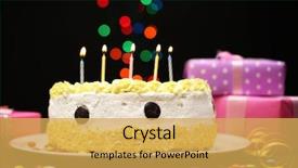  Presentation with happy birthday cake - Cool new PPT theme with decoartion - happy birthday cake and gifts backdrop and a yellow colored foreground