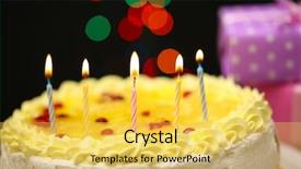  Presentation with happy birthday cake - Colorful PPT theme enhanced with decoartion - happy birthday cake and gifts backdrop and a yellow colored foreground