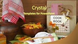  Presentation with kitchen - Audience pleasing PPT theme consisting of decorated composition of cookery book backdrop and a  colored foreground