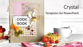  Presentation with tea cake - Colorful presentation design enhanced with decorated cookbook with cup of tea and tasty cake on white background backdrop and a white colored foreground