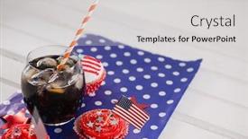  Presentation with cold drink - Theme consisting of decorated cupcakes and cold drink with 4th july theme on wooden table background and a light gray colored foreground