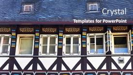  Presentation with old house - Slide deck having decorated-facade-of-old-medieval background and a ocean colored foreground