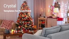  Presentation with christmas tree - Beautiful PPT theme featuring decorated living room with beautiful backdrop and a coral colored foreground