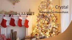  Presentation with christmas presents - Colorful theme enhanced with decorated room with christmas tree backdrop and a coral colored foreground