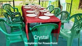  Presentation with outdoor furniture - Amazing slides having decorated table plastic furniture in pavilion of outdoor cafe backdrop and a ocean colored foreground