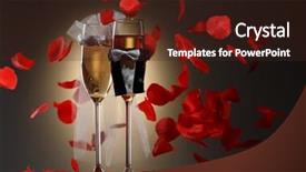  Presentation with two glasses of champagne - Theme enhanced with decorated wedding glasses with champagne background and a wine colored foreground