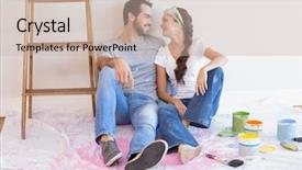  Presentation with living room - PPT theme having decorating - cute couple redecorating living room background and a soft green colored foreground