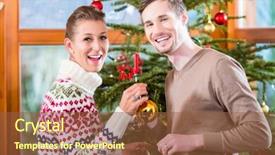  Presentation with young happy couple - Slides consisting of decorating fir tree for christmas background and a tawny brown colored foreground