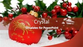  Presentation with holly - Amazing PPT theme having decoration ball with european holly backdrop and a crimson colored foreground