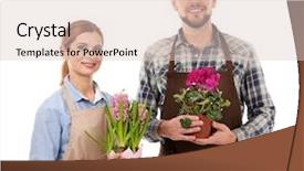  Presentation with house building plans - Presentation theme consisting of decoration cyclamen - two florists holding house plants background and a  colored foreground