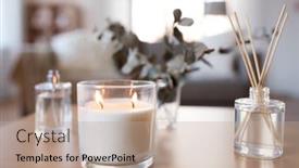  Presentation with diffuser - PPT theme enhanced with decoration hygge and aromatherapy concept - aroma reed diffuser burning candle and perfume on table at home background and a coral colored foreground