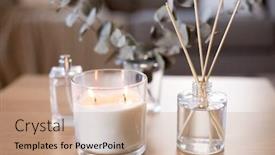  Presentation with diffuser - Audience pleasing PPT theme consisting of decoration hygge and aromatherapy concept - aroma reed diffuser burning candle and perfume on table at home backdrop and a coral colored foreground