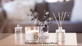  Presentation with aromatherapy - Presentation consisting of decoration hygge and aromatherapy concept - aroma reed diffuser burning candle branches of eucalyptus populus and perfume on table at home background and a soft green colored foreground