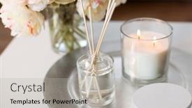  Presentation with decoration - Beautiful PPT theme featuring decoration hygge and cosiness concept - aroma reed diffuser burning candle and flower bunch on wooden table backdrop and a light gray colored foreground