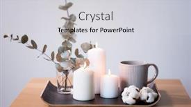  Presentation with white candles - Slide set enhanced with decoration hygge and cosiness concept - burning white candles mug branches of eucalyptus populus and cotton flowers on table background and a light gray colored foreground