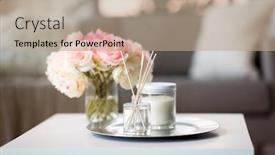  Presentation with diffuser - Presentation design consisting of decoration hygge and cosiness concept - aroma reed diffuser candle and flower bunch on wooden table background and a coral colored foreground