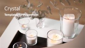  Presentation with fragrance - PPT theme consisting of decoration hygge and cosiness concept - burning white fragrance candles on tray and branches of eucalyptus populus on table at cozy home background and a coral colored foreground