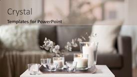  Presentation with fragrance - Amazing presentation design having decoration hygge and cosiness concept - burning white fragrance candles on tray and branches of eucalyptus populus on table at cozy home backdrop and a coral colored foreground