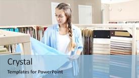  Presentation with curtains - Cool new PPT theme with decoration sample - young woman choosing fabric backdrop and a light blue colored foreground