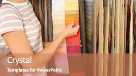  Presentation with curtains - Cool new presentation theme with decoration sample - young woman choosing fabric backdrop and a coral colored foreground