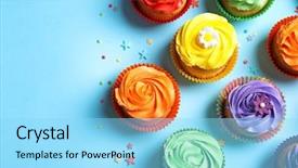  Presentation with cupcakes - Colorful slide set enhanced with decoration swirl - tasty cupcakes on color background backdrop and a arctic colored foreground