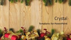  Presentation with wood board - Presentation theme with decoration with presents on wood background and a yellow colored foreground