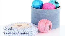  Presentation with yarn - Audience pleasing slide set consisting of decorative box with colorful yarn for knitting isolated on white backdrop and a sky blue colored foreground