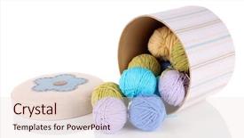  Presentation with yarn - Slide set consisting of decorative box with colorful yarn for knitting isolated on white background and a lemonade colored foreground