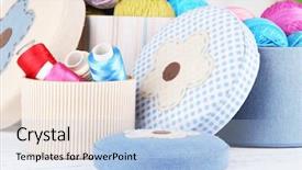 Presentation with thread - Beautiful PPT theme featuring decorative boxes with colorful skeins of thread on table on bright background backdrop and a light blue colored foreground