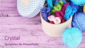  Presentation with thread - Theme enhanced with decorative boxes with colorful skeins of thread on wooden background background and a lemonade colored foreground