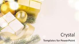  Presentation with white christmas - Audience pleasing presentation design consisting of decorative christmas gift boxes and balls on white surface view from above backdrop and a cream colored foreground