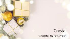  Presentation with white christmas - Audience pleasing presentation design consisting of decorative christmas gift boxes and balls on white surface view from above backdrop and a sky blue colored foreground