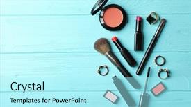  Presentation with cosmetics - PPT theme having decorative cosmetics on wooden table background and a arctic colored foreground