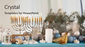  Presentation with hanukkah - Amazing slide set having decorative elements near mirror hanukkah backdrop and a soft green colored foreground